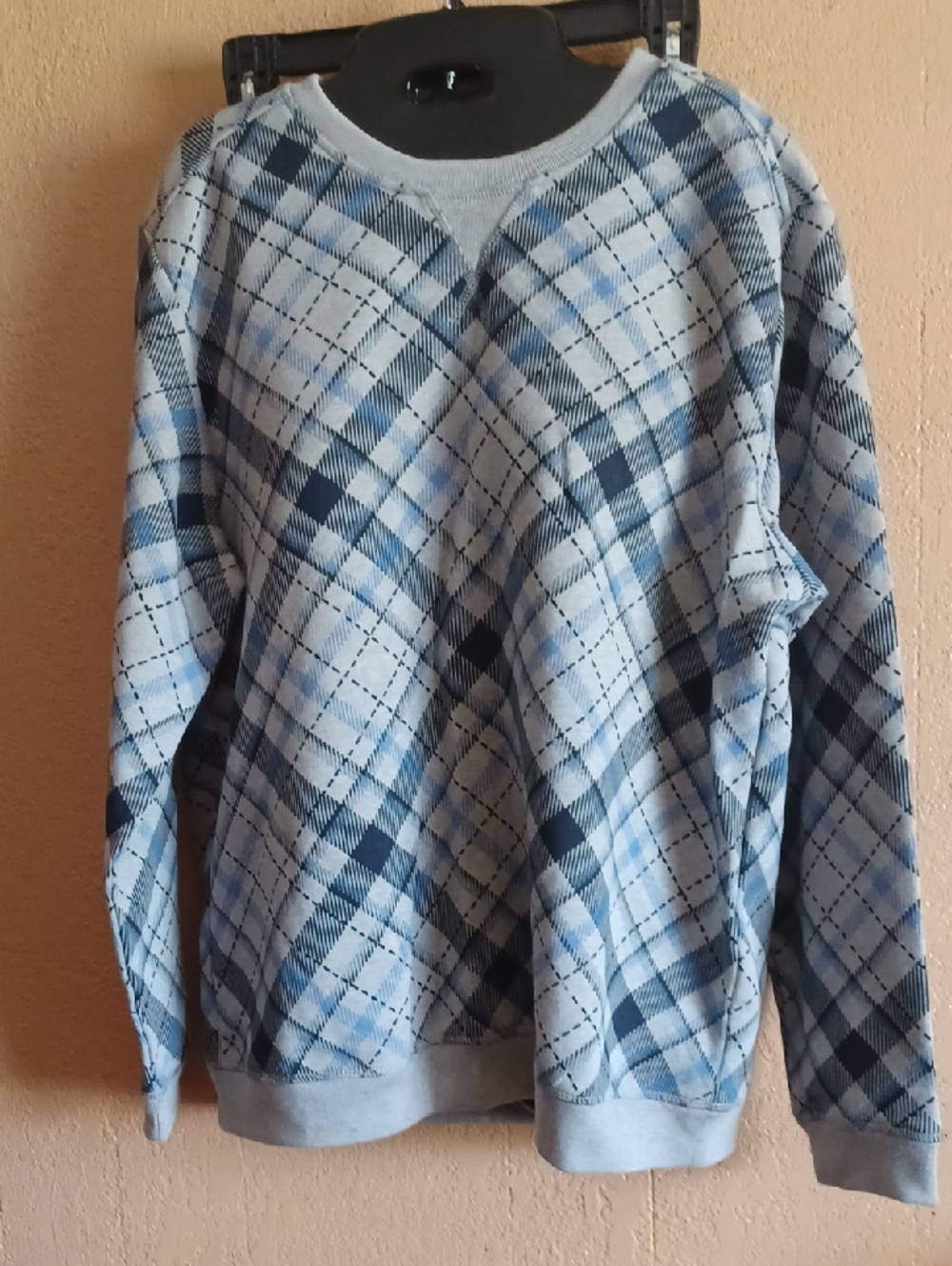 Karen Scott Sport Light Blue and Navy Plaid Pullover Size L